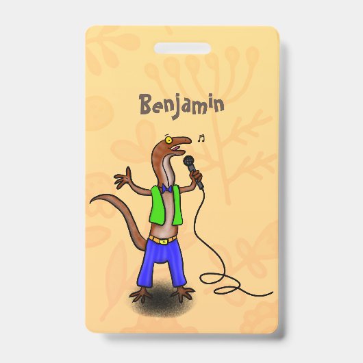Badge Lézard drôle chantant avec un microphone de dessin (Avant)
