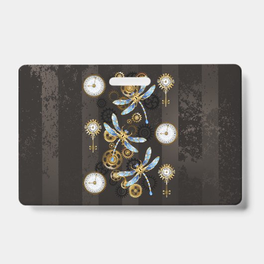 Badge Libellules Steampunk sur fond rayé marron (Avant)