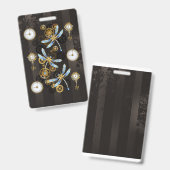 Badge Libellules Steampunk sur fond rayé marron (Avant & arrière)