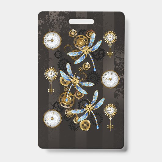 Badge Libellules Steampunk sur fond rayé marron (Avant)