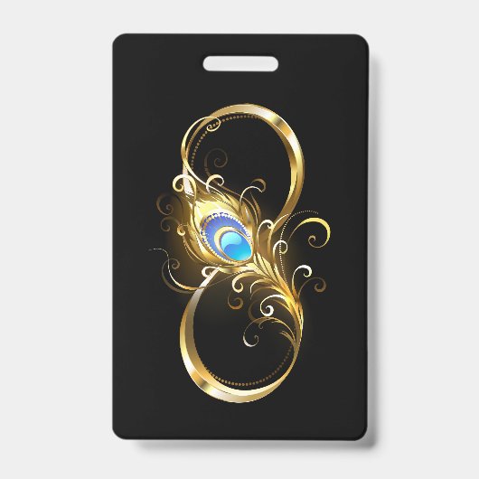 Badge L'infini avec plume de paon dorée (Avant)