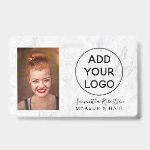 Badge Logo chic en marbre blanc carte photo employé