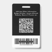 Badge Logo Code barre QR Code photo de l'employé noir (Arrière)