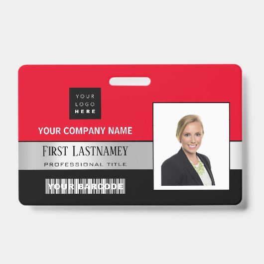 Badge Logo Code-barres Employé Nom Scanner Noir Rouge (Avant)