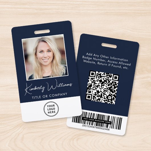 Badge Logo Code QR Barres Employé Bleu Photo ID