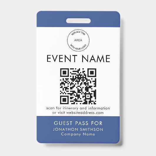 Badge Logo de l'événement Code QR Billet invité Nom Bleu (Avant)