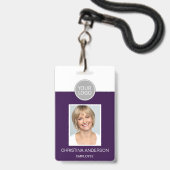 Badge Logo de nom d'employé violet Photo d'identité prof (Avant avec lanière)