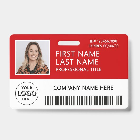 Badge Logo d'entreprise Photo ID Code-barres Rouge Nom (Avant)
