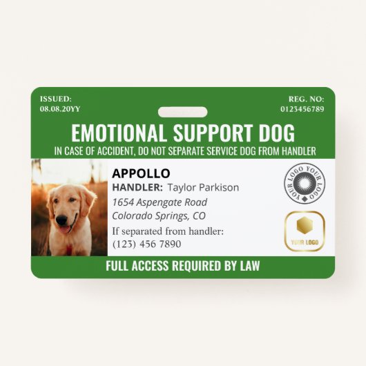 Badge Logo et ID photo Green Service Dog 2 (Devant)