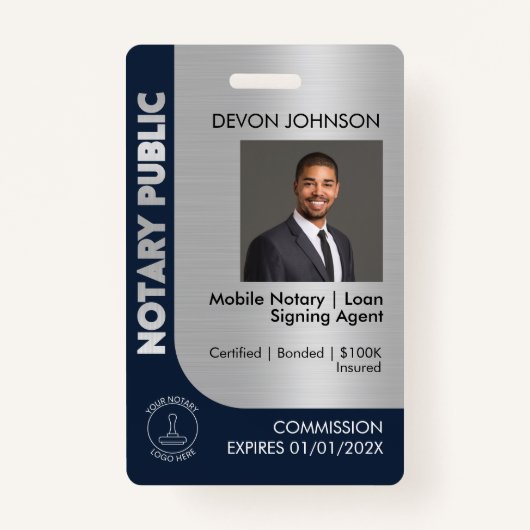 Badge Logo Notaire Professionnel Bleu Argent Photo Code  (Devant)