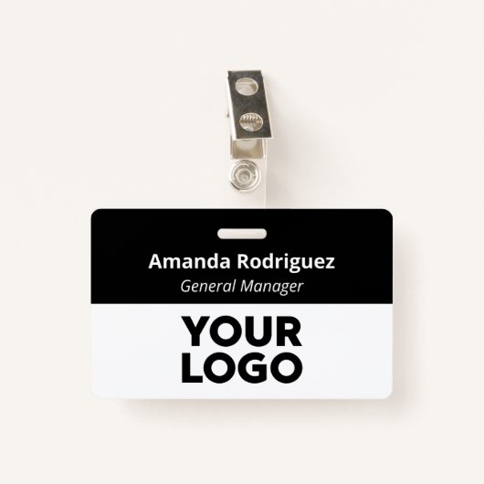 Badge Logo personnalisé Employé Simple Noir Blanc Nom (Devant avec clip)