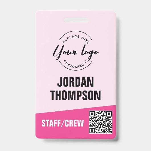 Badge Logo personnalisé rose entreprise événement QR cod (Avant)