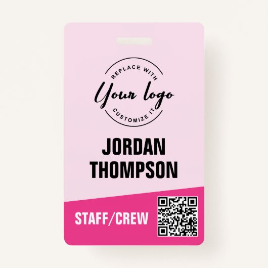 Badge Logo personnalisé rose entreprise événement QR cod (Devant)