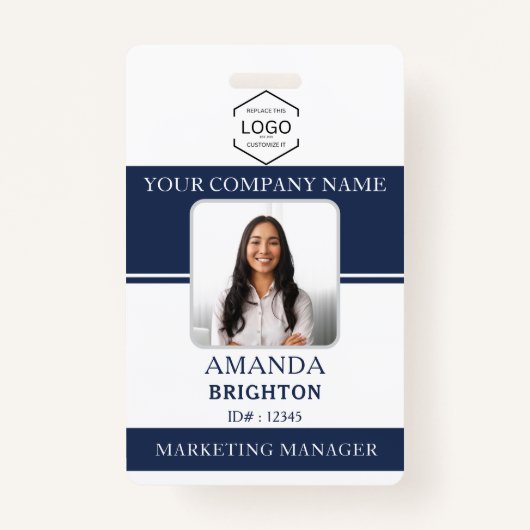 Badge Logo photo de l'employé Code QR Marine Bleu Blanc (Devant)