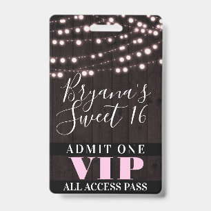 Badge Lumières Rose à Fil pour Soirée Sweet 16 Passe VIP