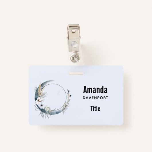 Badge Lune de croissant bleu avec fleurs blanches (Dos avec clip)