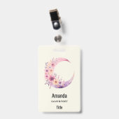 Badge Lune rose Croissant avec de jolies fleurs (Front with Clip)