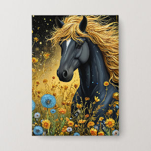 Badge Magnifique étalon noir parmi des fleurs sauvages v