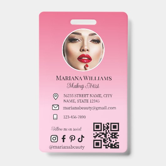 Badge maquillage artiste photo qr code rose petite entre (Front)