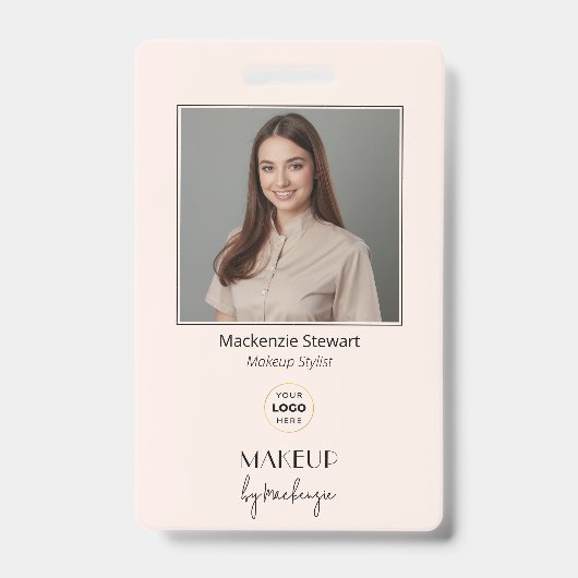 Badge Maquilleuse Photo Logo Script Rose Pâle (Avant)