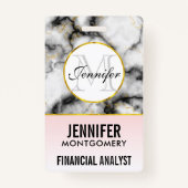 Badge Marbre blanc moderne avec Monogramme de ruban or (Devant)