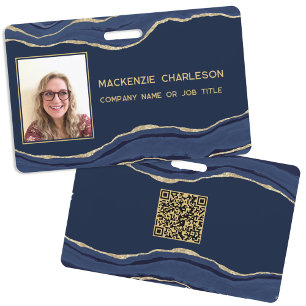 Badge Marbre Bleu Agate Géode Code QR Photo ID Nom