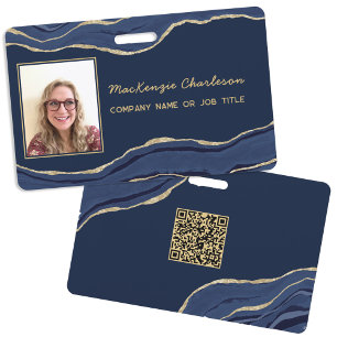 Badge Marbre Bleu Agate Géode Code QR Photo ID Nom