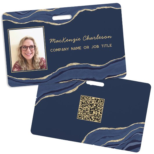 Badge Marbre Bleu Agate Géode Code QR Photo ID Nom