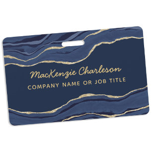Badge Marbre Bleu Nuit Agate Géode Or Nom de l'entrepris