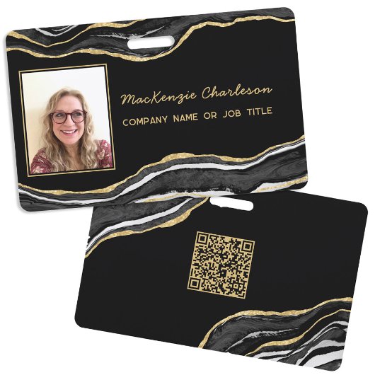 Badge Marbre Noir Agate Géode Code QR Photo ID Nom