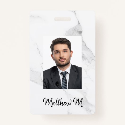 Badge Marbre nom photo minimaliste blanc gris (Devant)