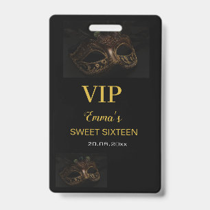Badge Mascarade Masque Elégant Or Black Sweet 16 15 VIP