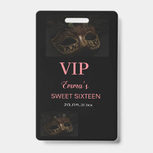 Badge Masque de Mascarade Élégant Rose Noir Sweet 16 15