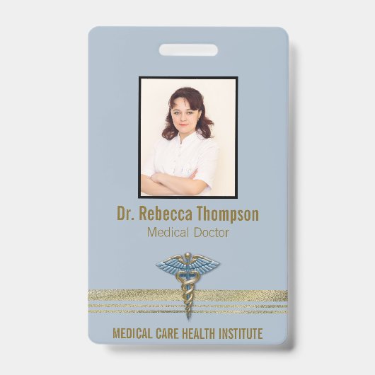 Badge Médicale bleu clair Caduceus Gold Foil Strips ID (Front)