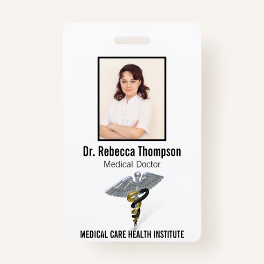 Badge Médicale Silver Caduceus Black Gold Photo ID (Devant)