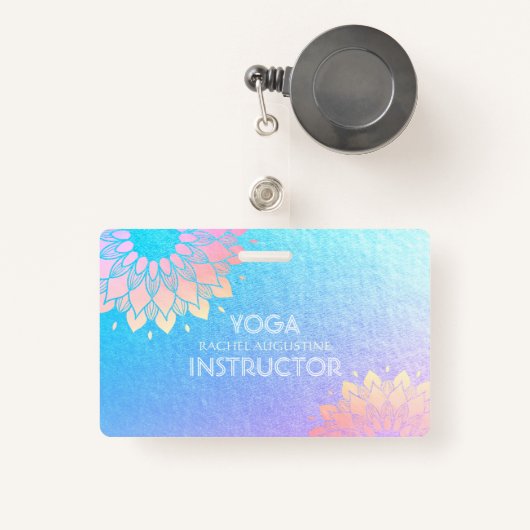 Badge Méditation Yoga Instructeur Rose Blue Gold Mandala (Front with Retractable)
