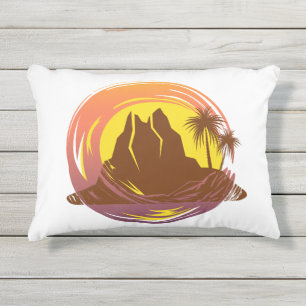 Badge met tropische vulkaan landschap en palmbomen buitenkussen