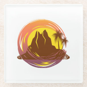 Badge met tropische vulkaan landschap en palmbomen glazen onderzetter