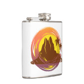 Badge met tropische vulkaan landschap en palmbomen heupfles (Rechts)