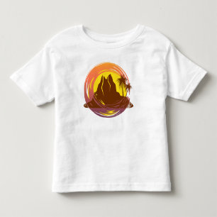 Badge met tropische vulkaan landschap en palmbomen kinder shirts