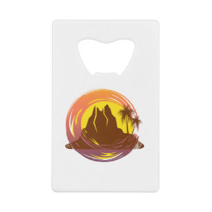 Badge met tropische vulkaan landschap en palmbomen kredietkaart flessenopener
