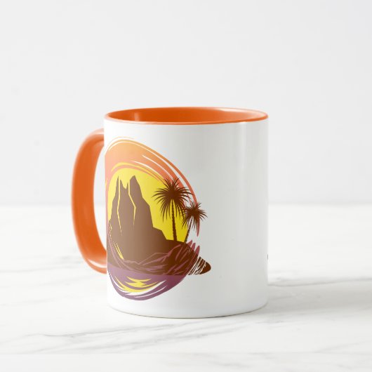 Badge met tropische vulkaan landschap en palmbomen mok (Voorkant links)