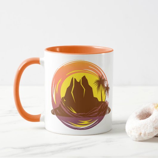 Badge met tropische vulkaan landschap en palmbomen mok (Met donut)