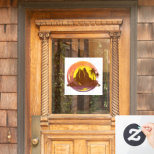 Badge met tropische vulkaan landschap en palmbomen raamsticker