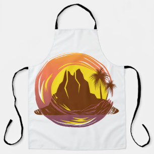 Badge met tropische vulkaan landschap en palmbomen schort