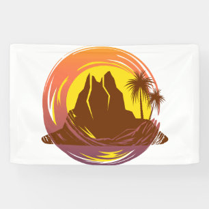 Badge met tropische vulkaan landschap en palmbomen spandoek