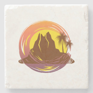 Badge met tropische vulkaan landschap en palmbomen stenen onderzetter
