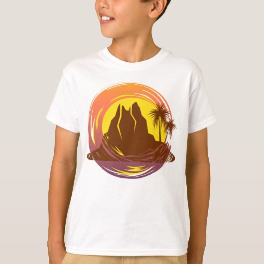 Badge met tropische vulkaan landschap en palmbomen t-shirt (Voorkant)