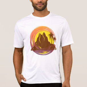 Badge met tropische vulkaan landschap en palmbomen t-shirt