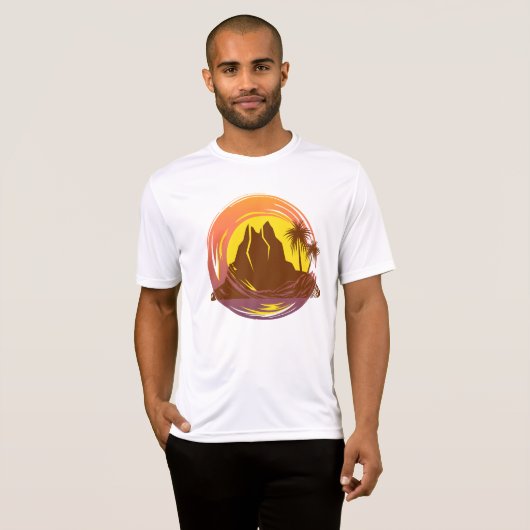 Badge met tropische vulkaan landschap en palmbomen t-shirt (Voorkant volledig)